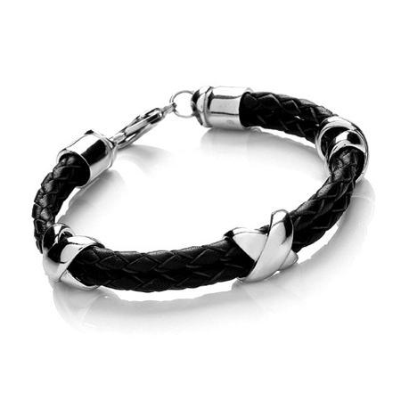 T005 Black (Unisex) Leather Bracelet with 3 Criss Cross Charms