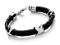 T005 Black (Unisex) Leather Bracelet with 3 Criss Cross Charms