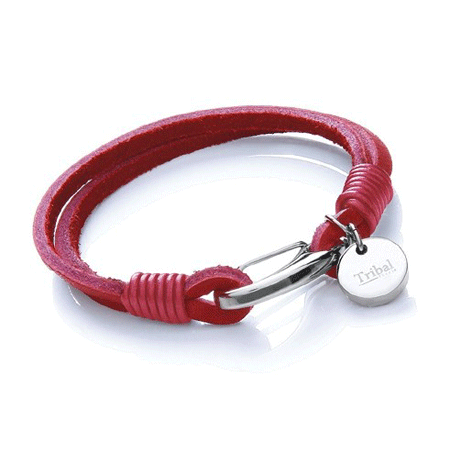 T112 Red Ladies Leather Bracelet with Stainless Steel Disc