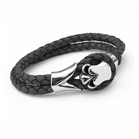 T300 Black Men's Leather Bracelet with Stainless Steel Skull